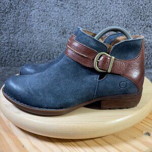 Born Boots Kati Womens Size 7 Blue Nubuck Leather Buckle Block Heel Ankle Bootie
